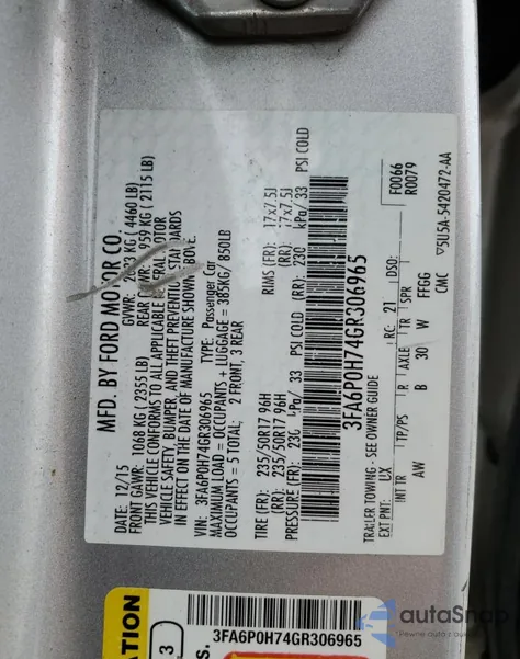 2016 Ford Fusion Se z USA, uszkodzony, nr VIN 3FA6P0H74GR306965